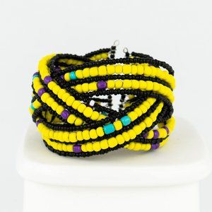 Multicolor Beaded Bracelet Open Cuff Memory Wire Yellow Black Purple Turquoise